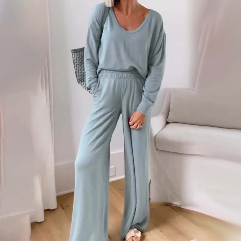 Women's Casual V-Neck Top and Full-Length Pants Set