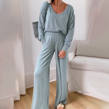 Women's Casual V-Neck Top and Full-Length Pants Set
