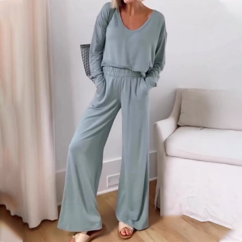 Women's Casual V-Neck Top and Full-Length Pants Set