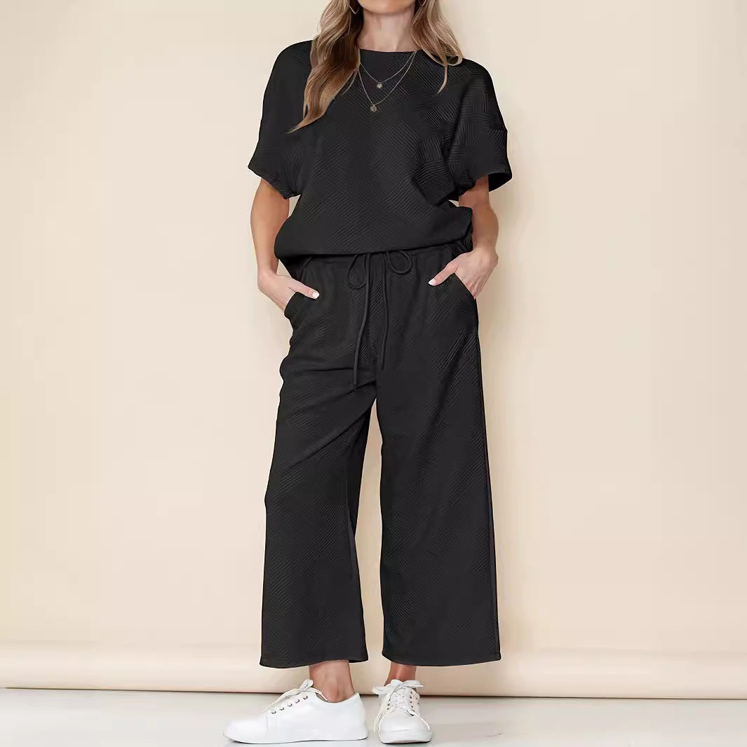 Casual Loose Solid Color Short Sleeve Top and Wide Leg Pants Two-Piece Set