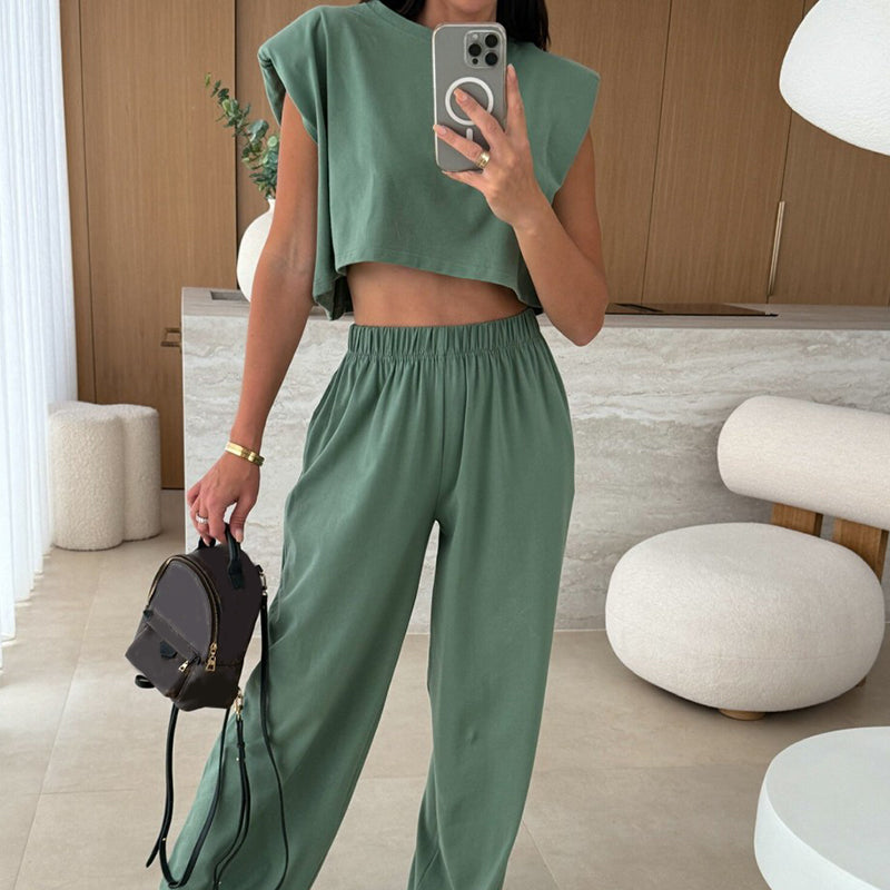 Women's Casual Cropped Top and Full-Length Pants Set