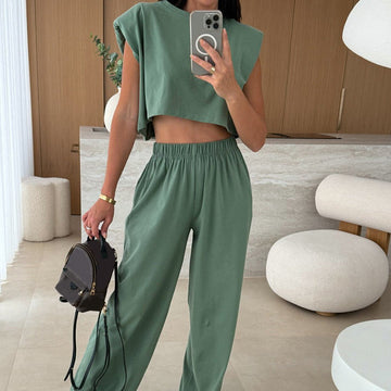 Women's Casual Cropped Top and Full-Length Pants Set