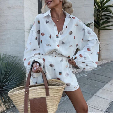 Women's Casual Printed Long Sleeve Shirt and Shorts Pants Set