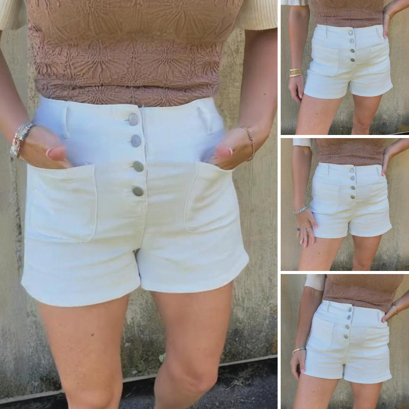 Women's White High-Waist Denim Short Pants with Multiple Button Rows