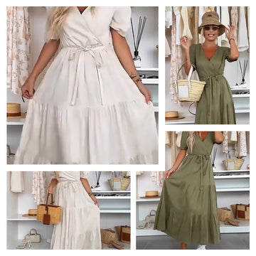 Women's V-Neck Puff Sleeve Dress with Waist Tie