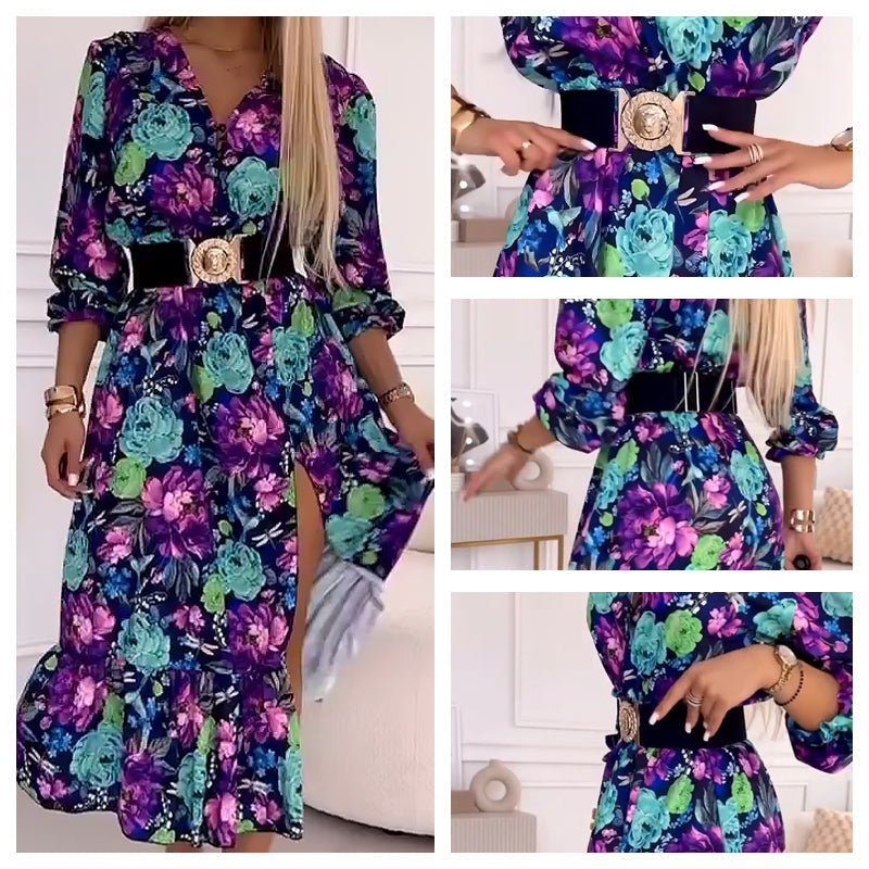 Women’s Elegant Floral Print V-Neck Side Slit Dress