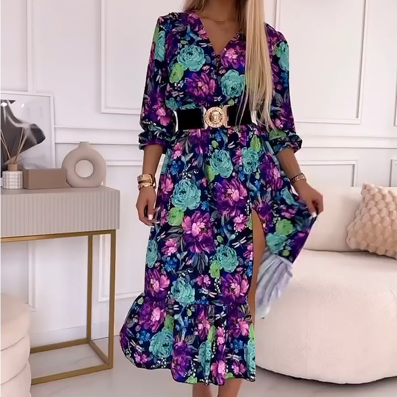 Women’s Elegant Floral Print V-Neck Side Slit Dress