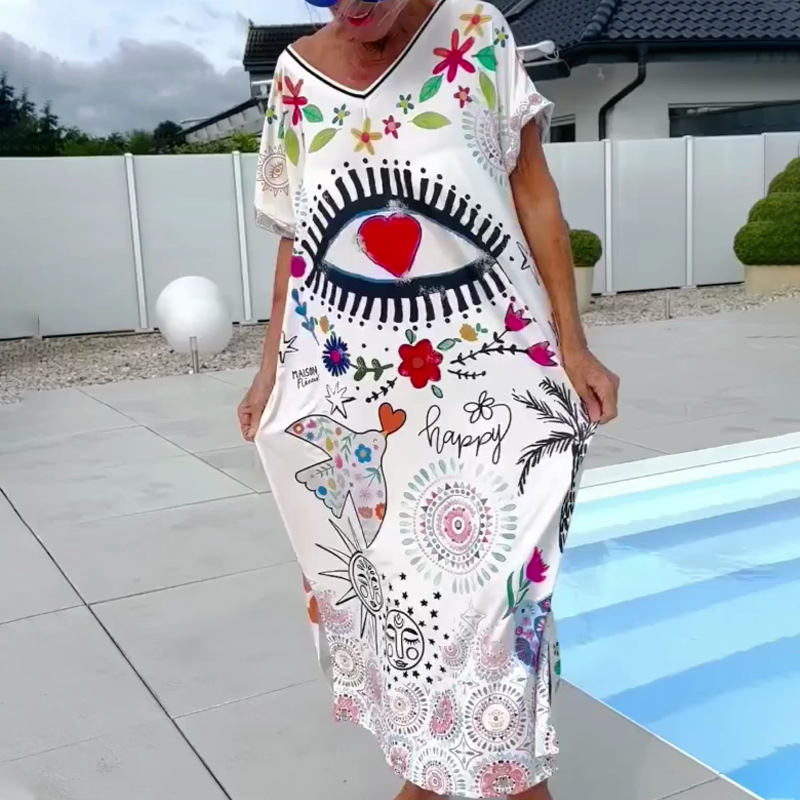 Women's Bold Print V-Neck Short Sleeve Dress