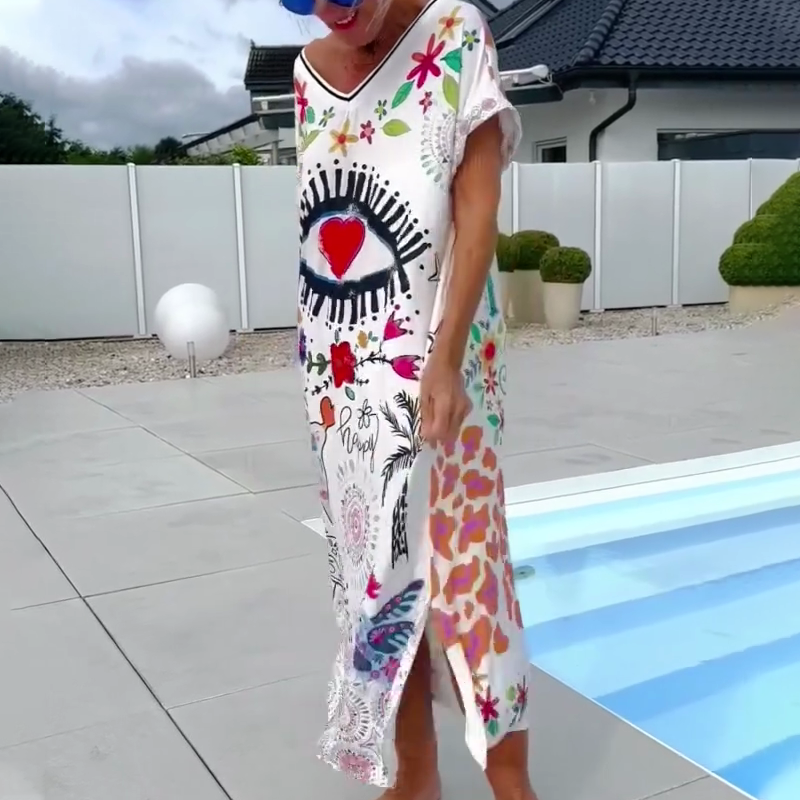 Women's Bold Print V-Neck Short Sleeve Dress