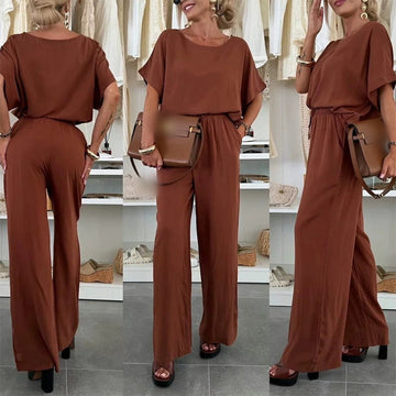 Solid Color Short Sleeve Top and Drawstring Pants 2-Piece Set