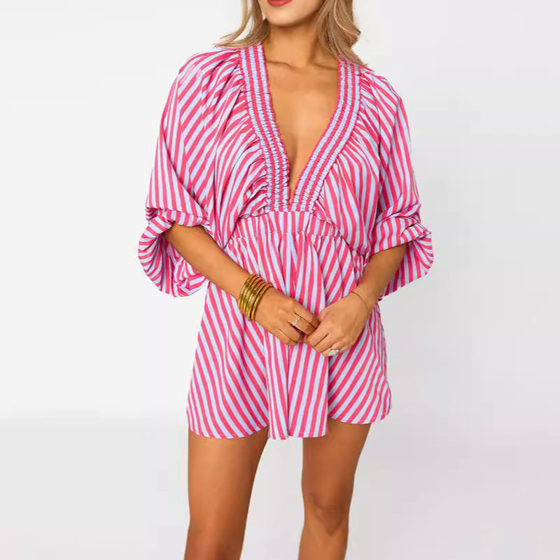 Women's V-Neck Striped Long-Sleeve Short Dress