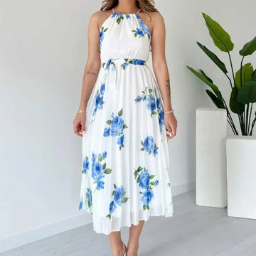 Floral Print Halter Pleated Dress