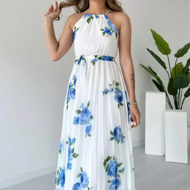 Floral Print Halter Pleated Dress
