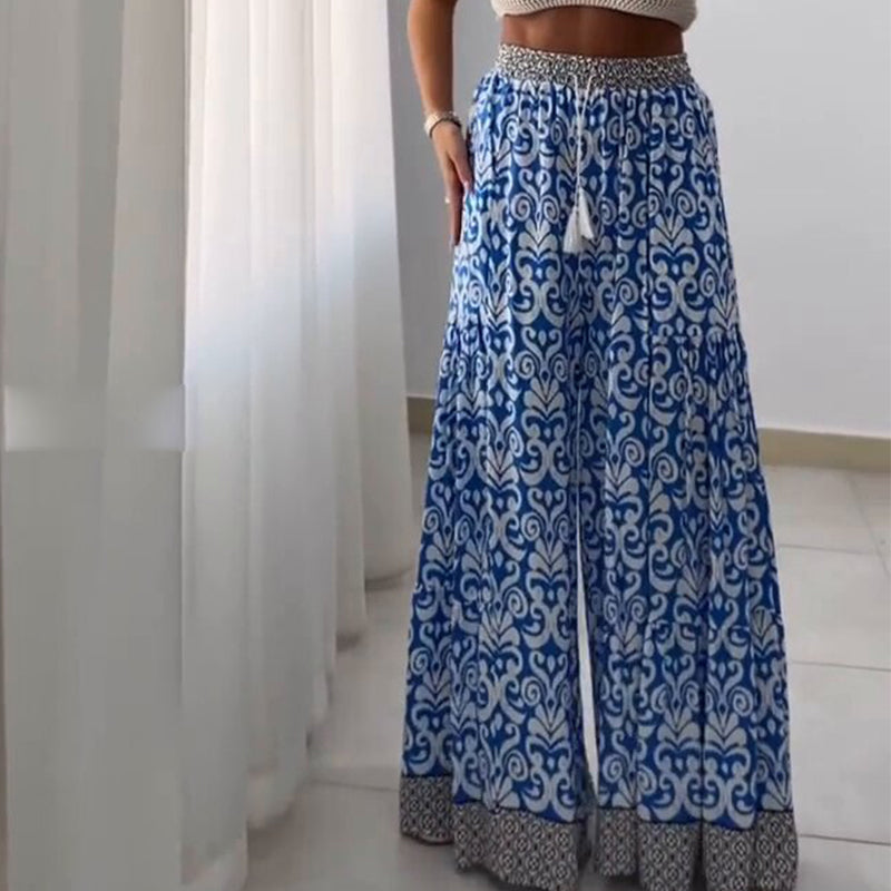 Printed High-Waisted Wide Leg Pants with Pockets
