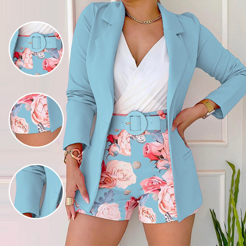 Women's Stylish Blazer and Floral Print Shorts Set