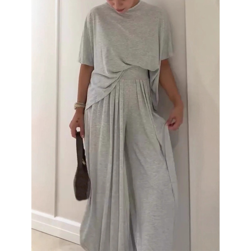 Women's Solid Loose Short Sleeve Top and Wide Leg Pants 2-Piece Set