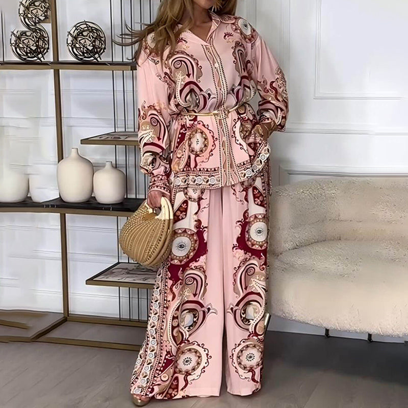 Women’s Ethnic Print Top and Wide Leg Pants 2-Piece Set