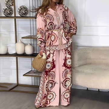 Women’s Ethnic Print Top and Wide Leg Pants 2-Piece Set