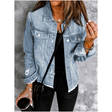 Women's Unique Raw Hem Long Sleeves Denim Jackets