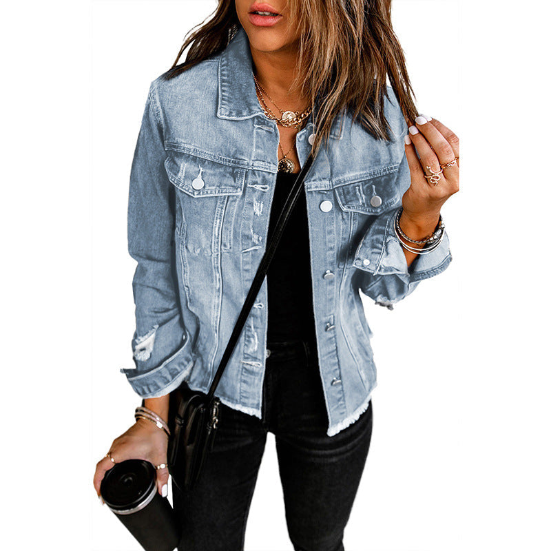 Women's Unique Raw Hem Long Sleeves Denim Jackets