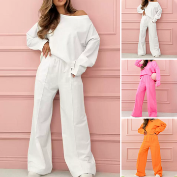 Fashionable and Minimalist Round Neck Top and Wide Leg Pants 2-Piece Set