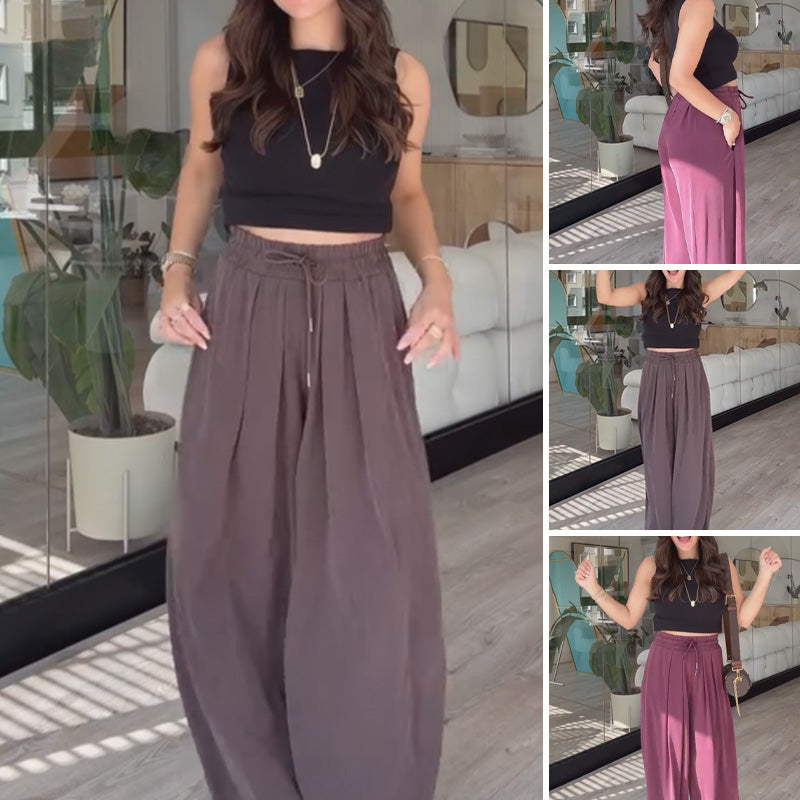 Solid Drapey Drawstring Wide-Leg Pants
