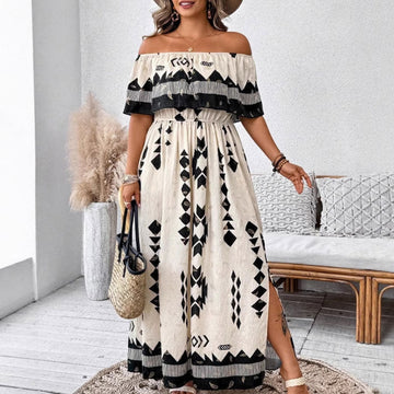 Women’s Trendy Print Off-Shoulder Maxi Dress with Side Slit