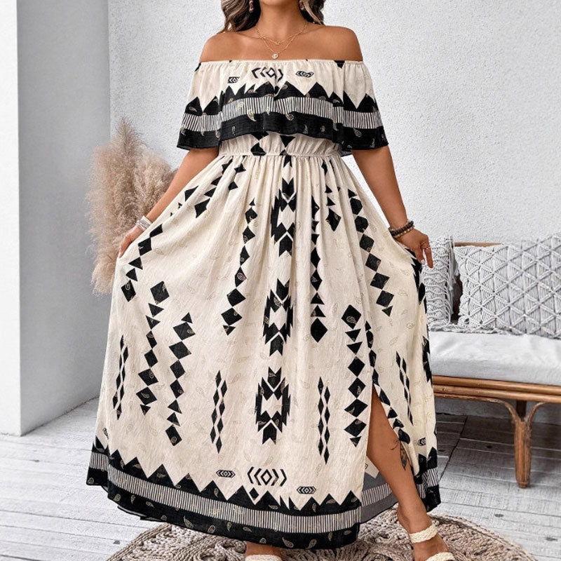 Women’s Trendy Print Off-Shoulder Maxi Dress with Side Slit