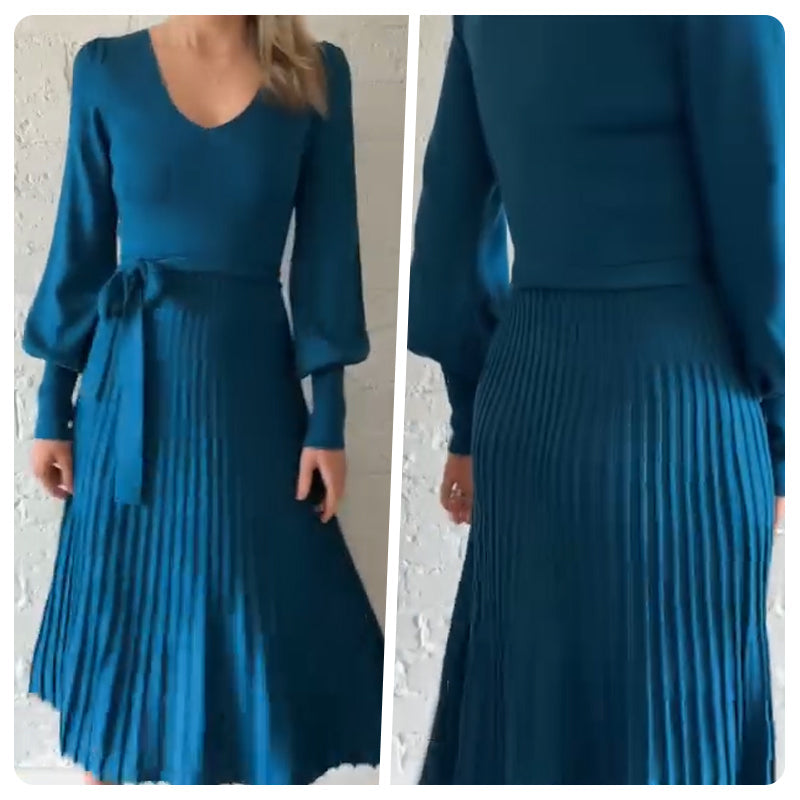 Women's Pleated V-Neck Midi Dress with Tie Waist