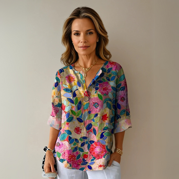 Women's Floral Print Blouse with Short Sleeves and Lightweight Fabric