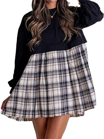 Women's Autumn Long Sleeve Round Neck Plaid Print Patchwork Dress